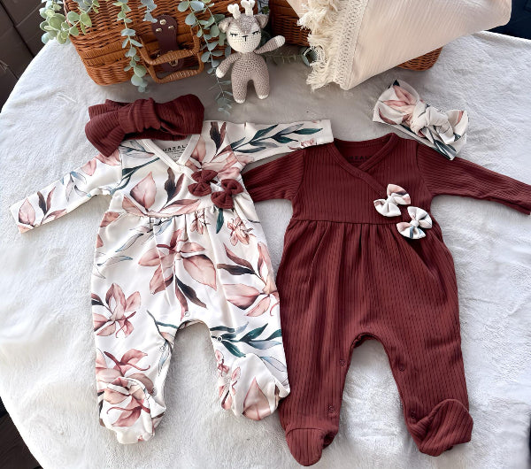 Baby set with ribbon – Dark red and beige combination