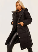 Padded longline coat with hood 