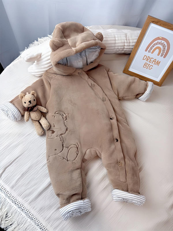 Teddy Bear Cotton Baby Jumpsuit with Hood – Brown and Grey