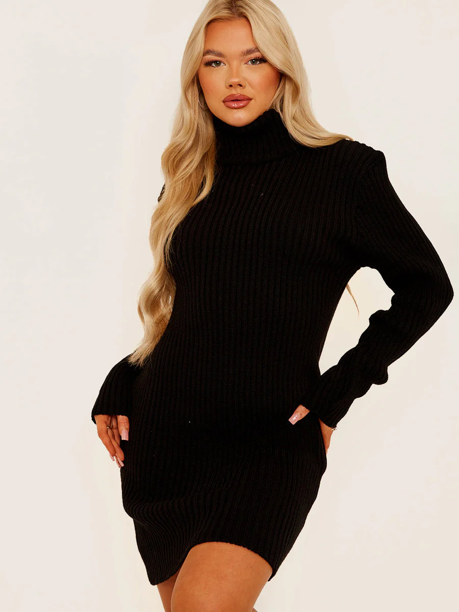 Rebrasta pletena bodycon haljina s dolčevita ovratnikom