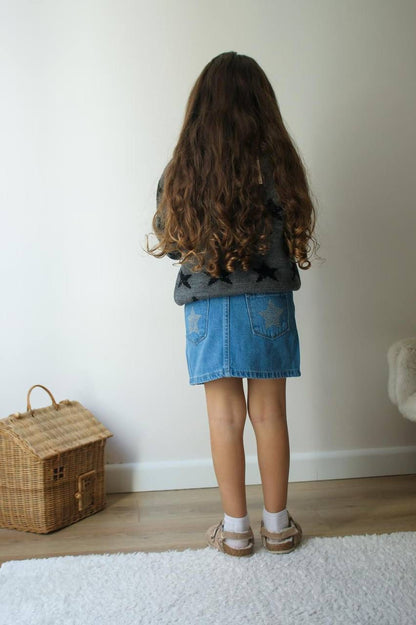 Children's set - denim skirt and gray sweater with stars