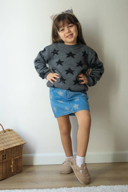 Children's set - denim skirt and gray sweater with stars