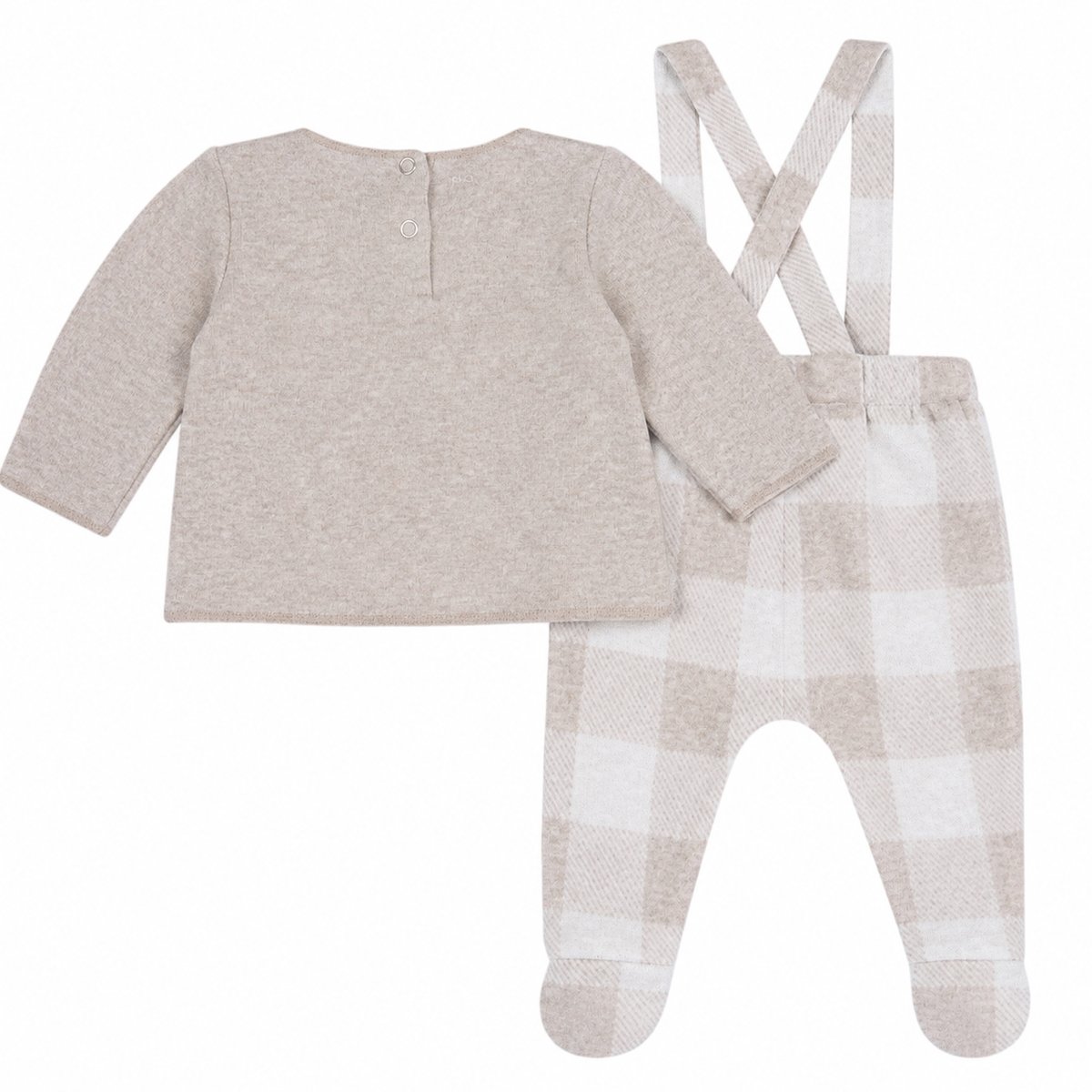 Chicco Baby komplet – bež majica i karirane hlačice s naramenicama