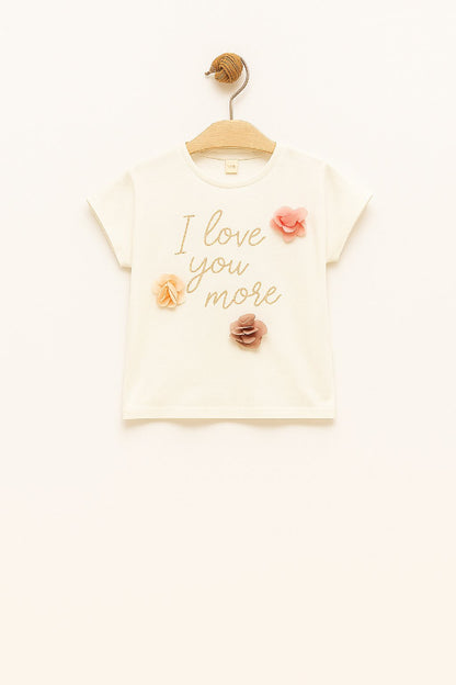 „Love You More“ T-Shirt mit 3D-Blumen – 100 % Baumwolle