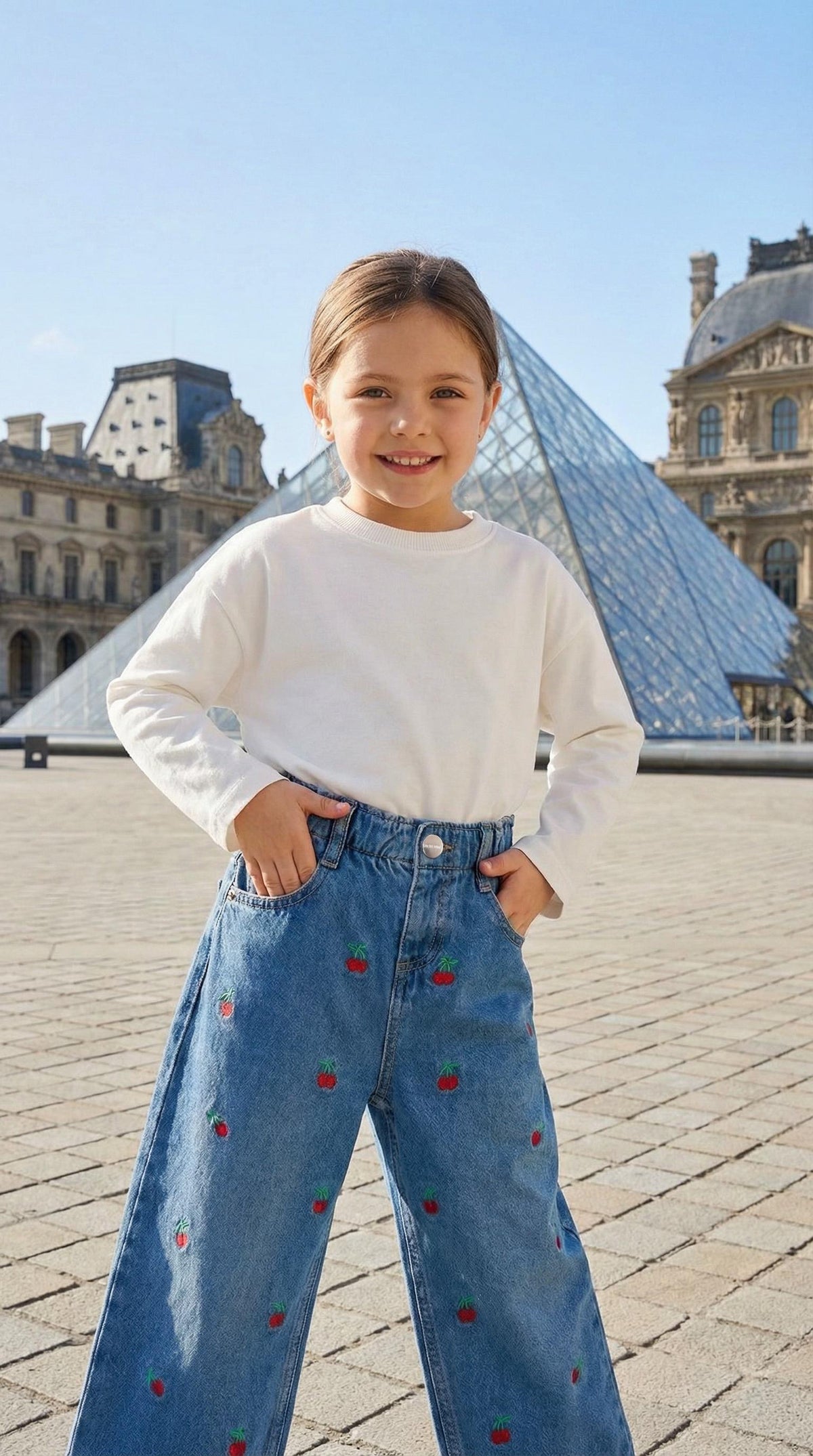 La'ciel Paris children's jeans "Cherry Denim Jeans" - blue denim with embroidered cherries