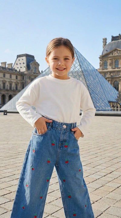 La'ciel Paris Kinderjeans „Cherry Denim Jeans“ – blauer Denim mit gestickten Kirschen
