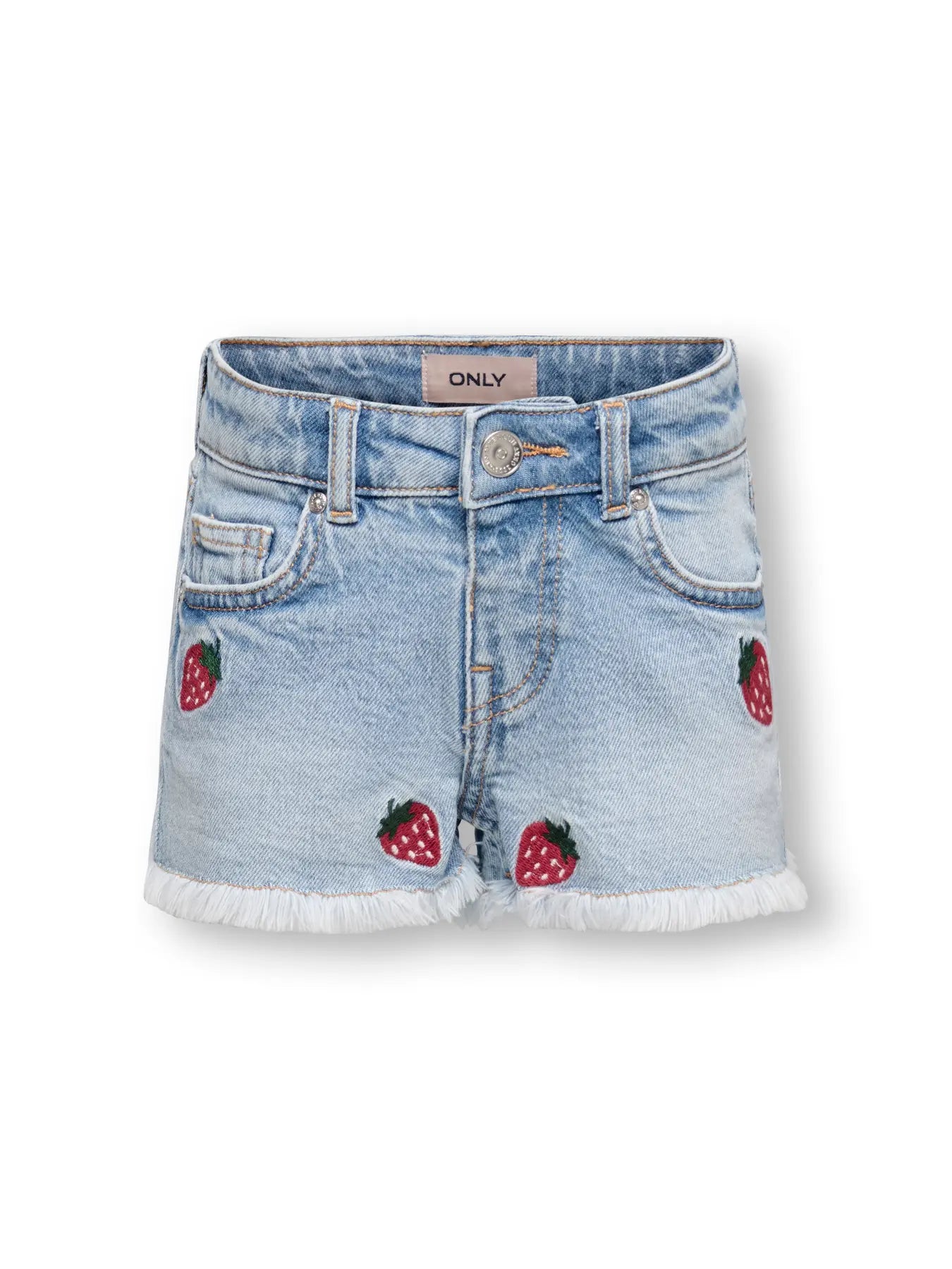 Only Mini — Jeans-Shorts mit Erdbeer-Stickerei | Hellblau