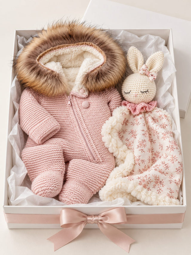 Premium Poklon paket Rose Bunny – Nipperland vuneni kombinezon i ručno izrađena mazilica