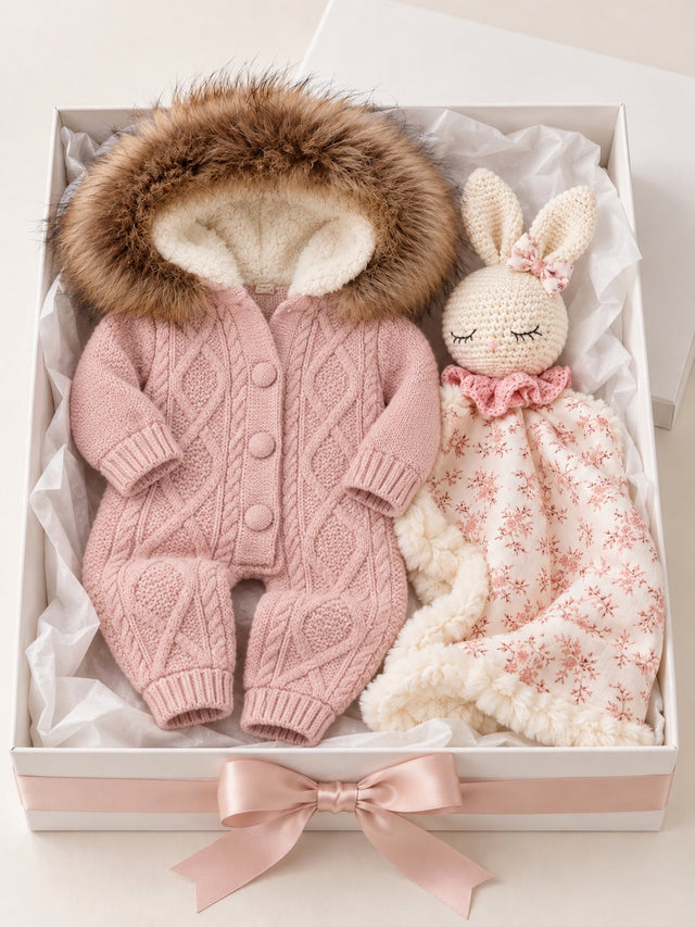 Premium Poklon paket Rose Bunny – Nipperland vuneni kombinezon i ručno izrađena mazilica