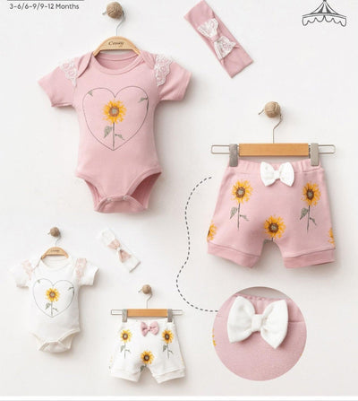 3-teiliges Sommerset - Rosa Sonnenblumen-Design (3-12 Monate) 